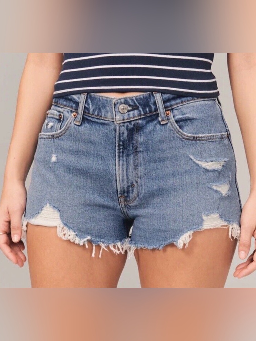 Abercrombie & Fitch The Mom Short Distressed High-Waist Denim Shorts - Blue